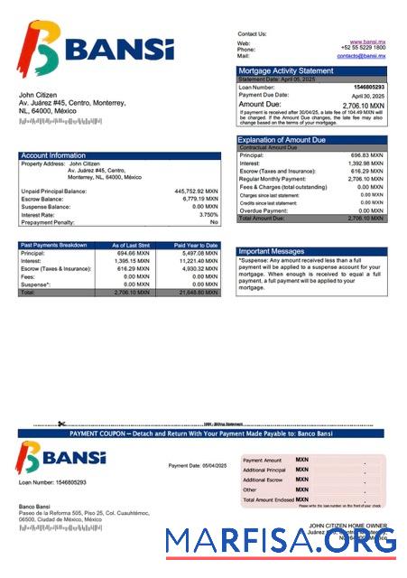 Printable Mexico Banco Bansi mortgage statement Word and PDF template